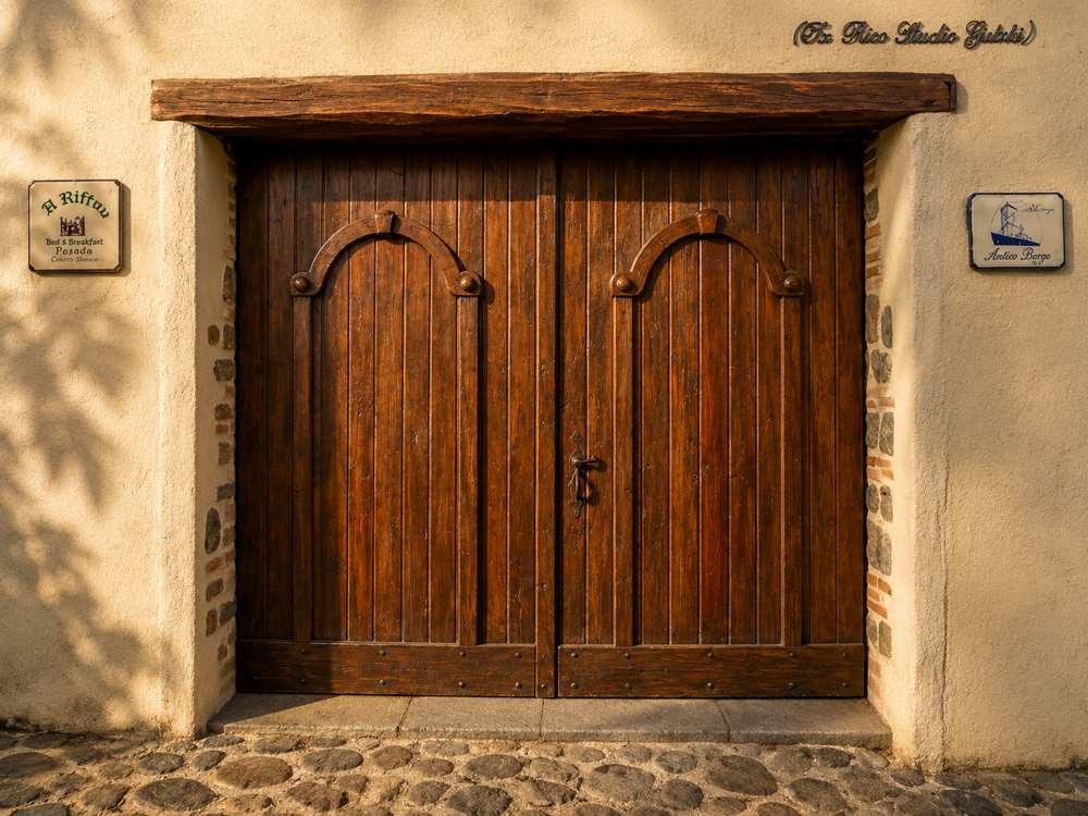 Le porte in legno di Antico Borgo nella luce della sera